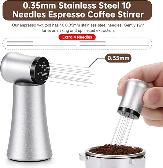 Espresso Distribution Tool - 10 Needle Espresso Coffee Stirrer I 0.35mm Professional Barista Pavant Coffee Stirring Distribution Tool,Aluminum Alloy Handle with Stand (Matte Silver)