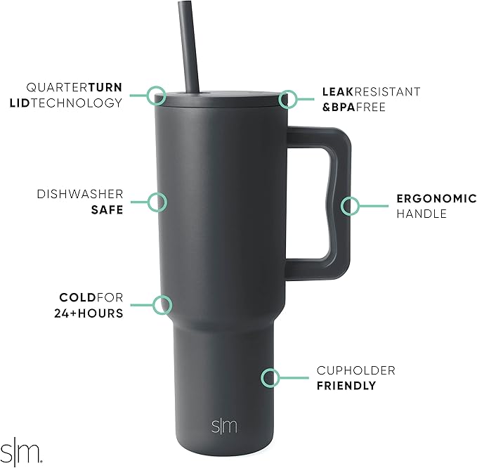 Simple Modern 40 oz Trek Tumbler with Handle and Straw Lid | Cup Holder Friendly Insulated Stainless Steel Travel Mug | Graphite