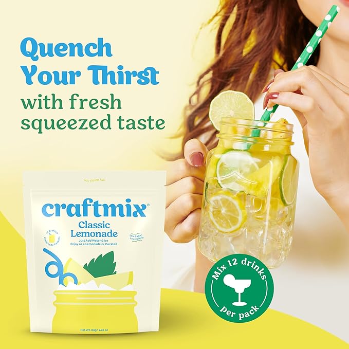 Craftmix Classic Lemonade Mix, 12 Packets, Easy Powder Drink with Real Fruit, Low-Sugar, Vegan, Low-Carb, Non-GMO, Dairy-Free, Gluten-Free, Flavored Water Enhancer, On-the-Go Water Flavoring Packets