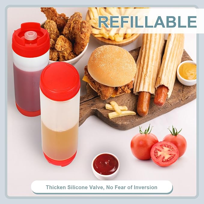 Didaey 4 Pcs Squeeze Bottles Refillable 20 oz, Inverted Plastic Tip Large Valve Dispenser Condiment Squeeze Bottle for Sauces Ketchup Sour Cream Self Sealing Syrup Dispenser for Restaurants (Red)