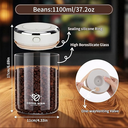 37oz Airtight Glass Coffee Canister with One-way CO2 Valve, Borosilicate Vacuum Coffee Bean Storage Canister with Date Tracker, Wide-Mouth Storage Container for Home,Kitchen,Coffee Bar