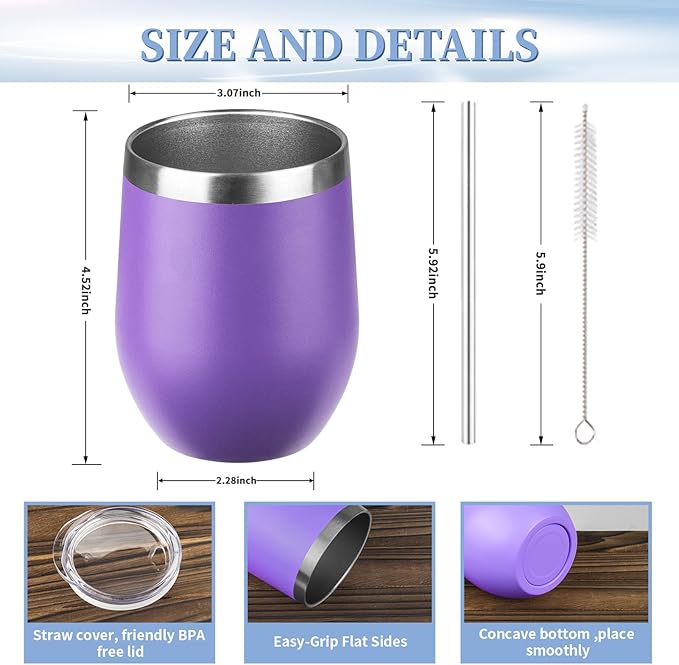 12oz Wine Tumbler with lid, Stainless Steel Travel Mugs Stemless Double Wall Insulated Coffee Cup, Insulated Wine Glasses Travel Tumbler for Cold & Hot Drinks(Purple, 1)