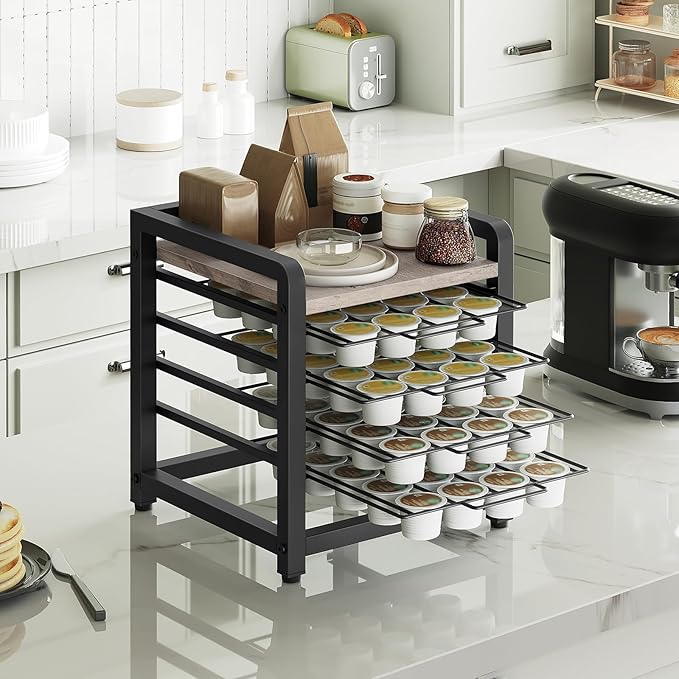 Coffee Pod Drawer Holder, 4 Tier Organizer for K Cup, 80 Pods Capacity, Spacious Storage Rack for K Cup, Space Saving, Easy Assembly, for Kitchen, Greige and Black KH04BG