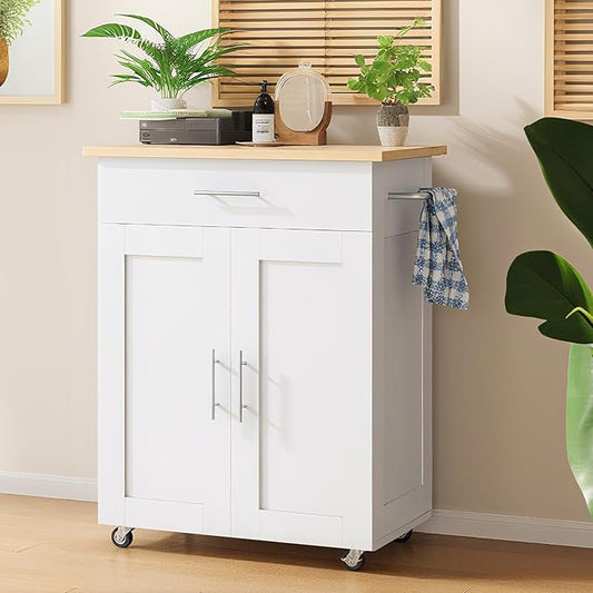 Kitchen Island Cart, Small Kitchen Island with Storage - Large Drawer, Adjustable Shelf & Towel Rack, Mobile Rolling Kitchen Island with Wheels, Space-Saving White Kitchen Organizer for Dining Room