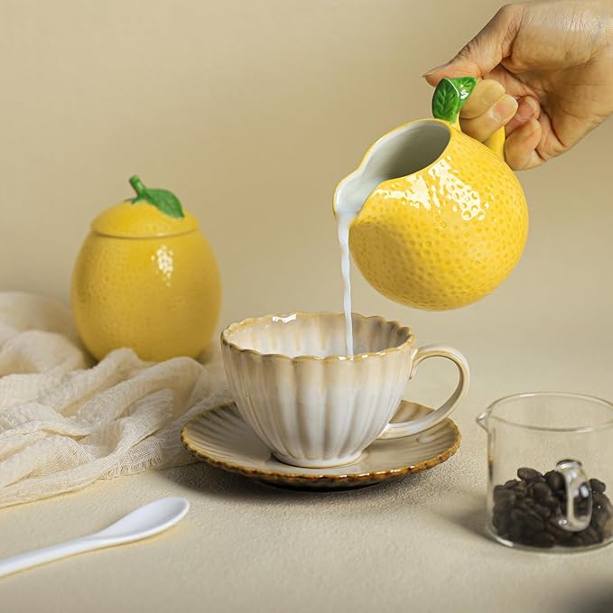 CHOOLD Ceramic Lemon Shape Creamer and Sugar Bowl Set, Cream Pitcher, Sugar Bowl with Lid, Coffee Serving Set