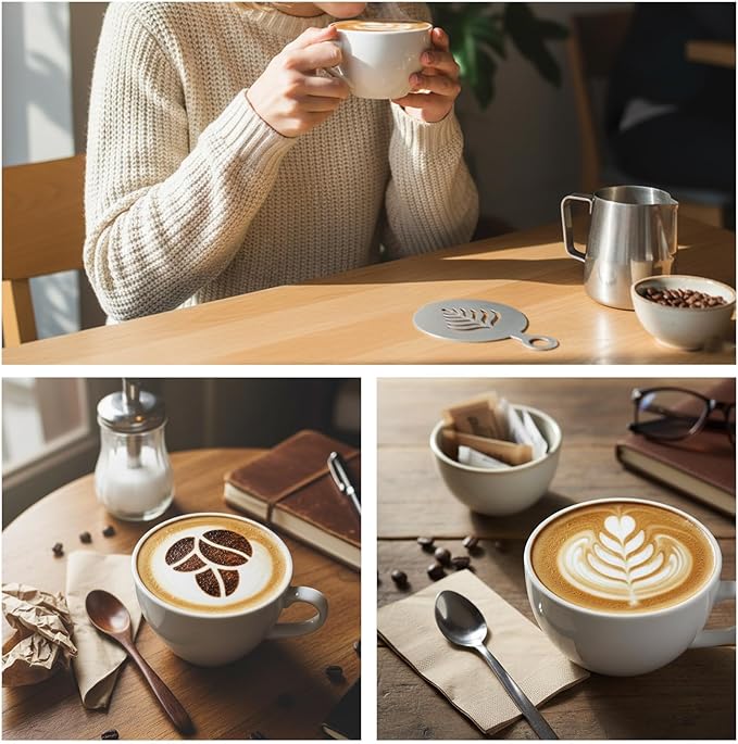 4 Pcs Stainless Steel Coffee Stencils with Various Patterns for Cappuccino Chocolate Lattes Cake Decorating, Coffee Shop and Home Use