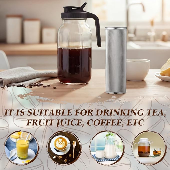 Acellegic Cold Brew Coffee Filter with Brush for 64 Oz/2 Quart Wide Mouth Mason Jar Infuser 304 Stainless Steel Filter Food Grade Strainer with Sealing Ring for Iced Drink Fruit Tea Coffee Maker