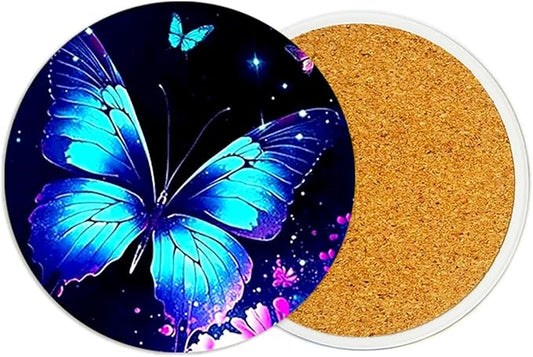 2Pack Blue Butterfly Ceramic Coasters Absorbent Coasters for Drinks with Cork Base,Coaster for Table Office Desk Decor Coffee Cup Wine Beer Bar Cup Mat 3.9 Inch,Butterfly Gifts for Women,Men,Dad