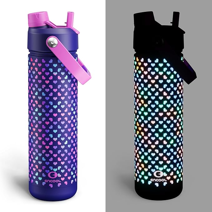ENCOOL Insulated Water Bottle with Straw Stainless Steel Water Bottle, Glow in the Dark, Leak-Proof, BPA-Free, Keeps Cold for 24 Hours for Sports, Travel, School (26 oz, Heartfield)