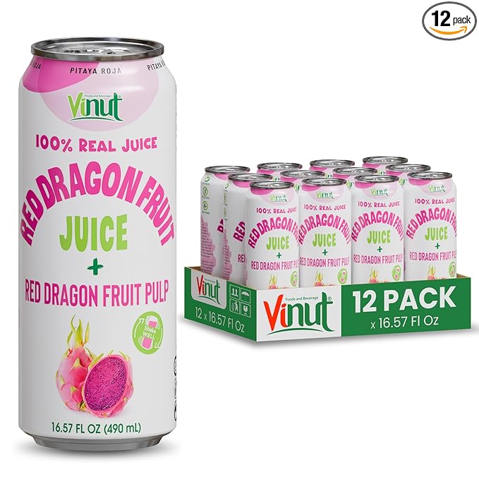 VINUT 100% Red Dragon Fruit Juice with Pulp (Pitaya), No Added Sugar, Not From Concentrate, 16.57 fl oz (490 mL) Can, Pack of 12