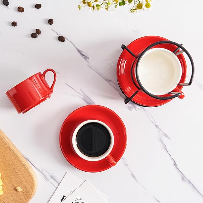 Meichu 2.5oz Porcelain Stackable Espresso Cups with Saucers and Metal Stand Set of 4, Stackable Espresso Cups Set of 4, Red Expresso Shots Cup Set for Cappuccino, Coffee Drinks, Latte, Tea