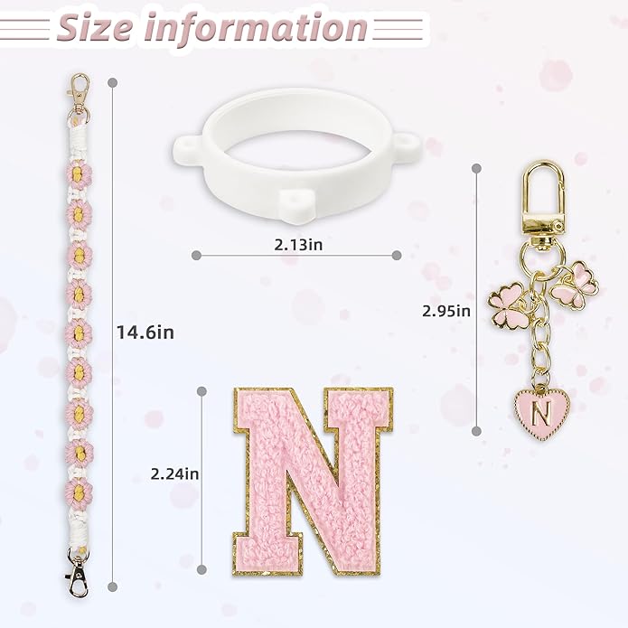 Compatible with Owala Water Bottle Accessories, Cute Letter Charm Set with Boho Handle Strap, Monogram Sticker, Silicone Ring, Keychain Decoration, for FreeSip 24 32 40oz, Owala Kids, Tumbler Gift