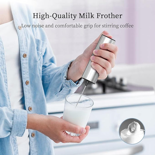 Battery Operated Coffee Frother by ELMWAY, Stainless Steel Electric Whisk, Mini Milk Frother Handled for Coffee, Latte, Matcha and Protein Powder (Silver without Stand)
