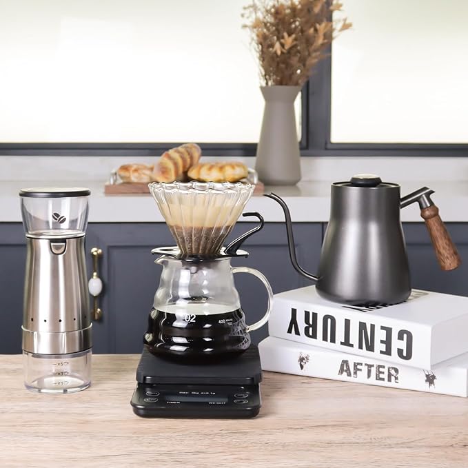 Manual Coffee Maker Set with 850ml Stainless Steel Kettle, All in One Coffee Brewing Kit, Electric grinder, Travel Case for Outdoor Camping, Office