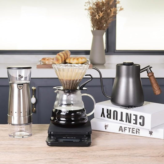 Manual Coffee Maker Set with 850ml Stainless Steel Kettle, All in One Coffee Brewing Kit, Electric grinder, Travel Case for Outdoor Camping, Office