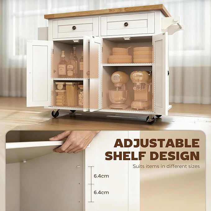 HOMCOM Kitchen Island Cart with Rubber Wood Top, Rolling Kitchen Island Table on Wheels with Drawers, Adjustable Shelves, Spice Rack and Towel Rack for Dining Room, White