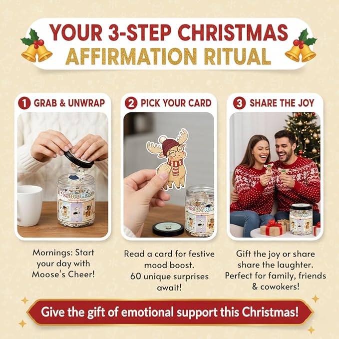 Positive Christmas Moose Jar with 60 Daily Affirmation Cards, Funny Emotional Support Gift for Men and Women, Cozy Christmas Gifts for Coworkers Teachers and Friends, Holiday Home or Office Decor
