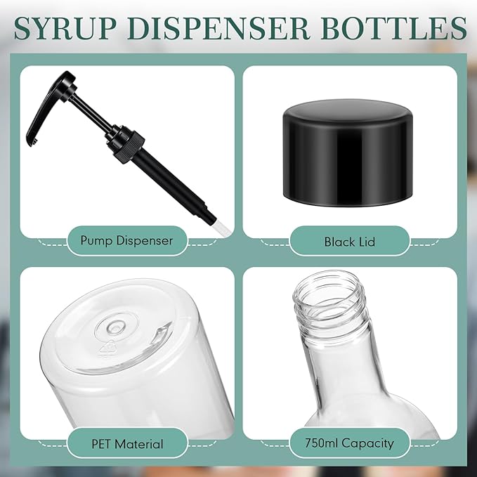 Maxdot 2 Pcs 25 oz Syrup Bottles with Pump Long Neck Bottles Plastic Syrup Pump Dispenser for Coffee Bar Accessories Home Party (Black)