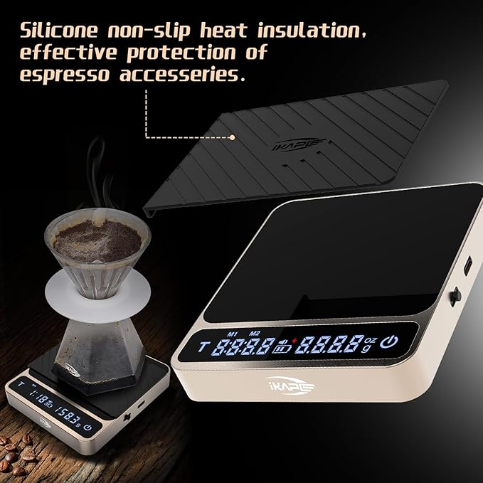 IKAPE Digital Coffee Scale, Premium Aluminium Espresso Scales with Timer, 2kg/0.1g High Precision Rechargeable Drip Espresso Scale with Tare Function, LED Display(Gold)
