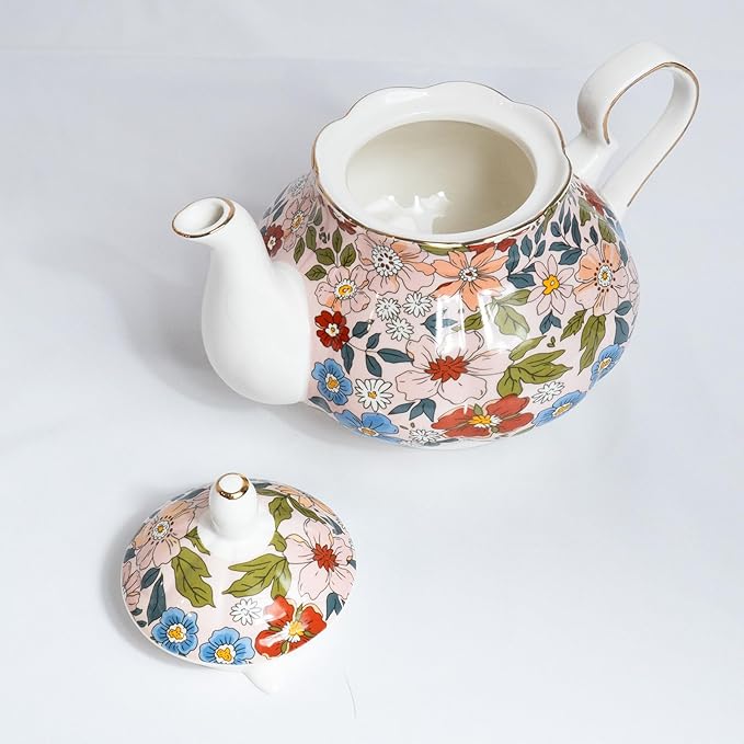 33.8 oz Porcelain Tea Pot Luxury Gold Trim Floral Ceramic Teapot Waterpot Tea Maker for Blooming Loose Leaf Tea Coffee Milk Chrismas Women Gift Housewarming Home Kitchen Décor (Vintage Pink)