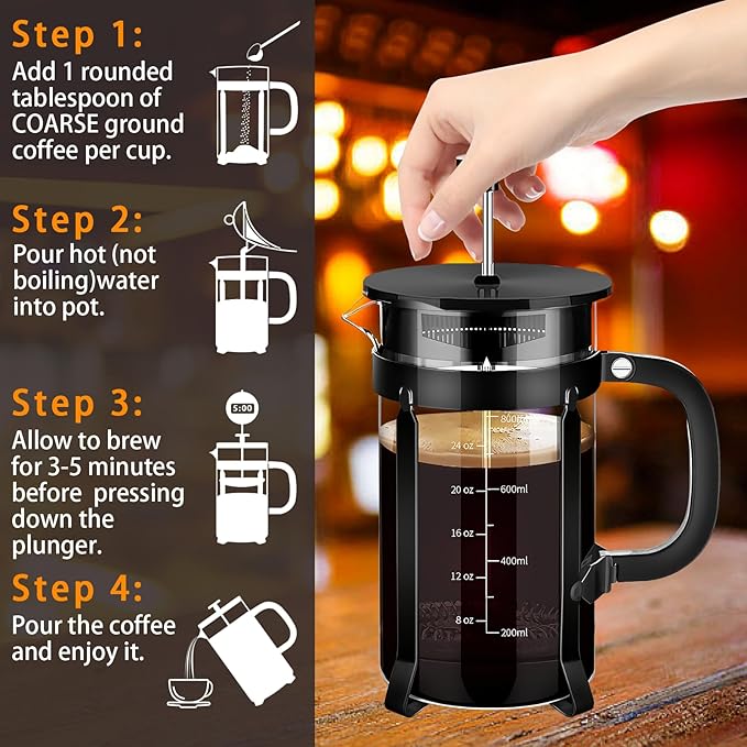 YMMIND French Press Coffee Maker 304 Stainless Steel Coffee Press,with 4 Filters System, Heat Resistant Thickness Borosilicate French Press Glass, BPA-Free Brewed Tea Pot Coffee Plunger(Copper 12oz)