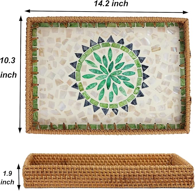 Rattan Serving Tray, Rectangle Coffee Table Tray with Mother of Pearl Inlay, Decorative Wicker Basket with Handle for Coffee, Bread, Fruits, Snacks, Table Decor (Bohemia)