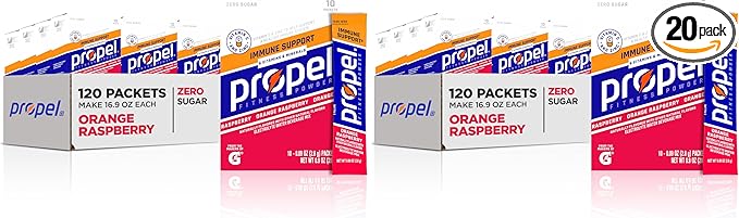 Propel Immune Support Electrolyte Enhanced Water Drink Mix Powder Packets, Orange Raspberry, 100% DV Vitamin C, Zero Sugar Hydration with Electrolytes & Vitamins (120 Packets), (Pack of 240)