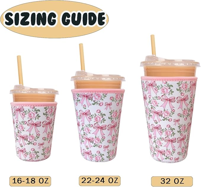 Reusable Insulated Neoprene Iced Coffee Cup Sleeve, Durable Drink Sleeve for Cold Beverages, Beverage Holder for Iced Coffee, Ribbon Rose