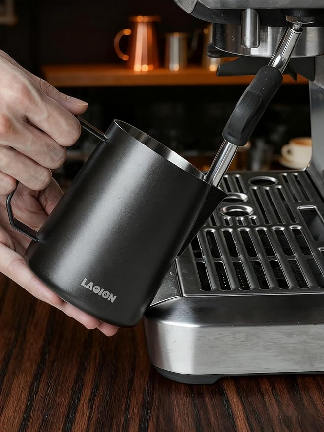 Milk Frother Cup Milk Frothing Pitcher, Stainless Steel Milk Steamer Cup for Espresso Machines, Barista Grade Latte Art Pitcher at home, Advanced Barista Approved Tools 15.2oz(450ml), Black