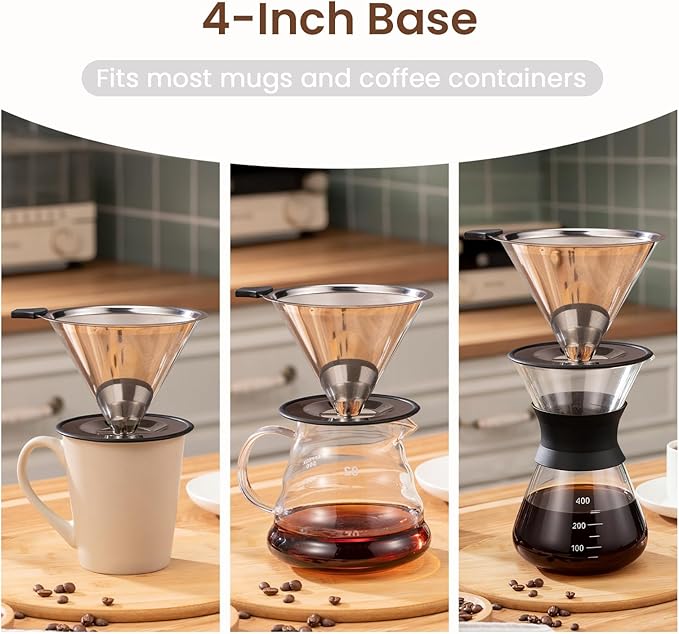 【2.0 Upgraded】Pour Over Coffee Dripper, Stainless Steel Reusable Coffee Filter with Non-Slip Base & Handle, Paperless Coffee Maker (silver)