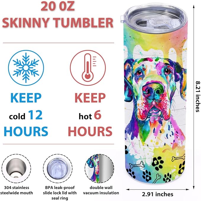 Great Dane Gifts for Women, 20 Oz Straight Skinny Tumblers, Stainless Steel Tumbler, Double Wall Vacuum Travel Mug, Dog Stuff Animal Coffee Cup, Insulated Coffee Mug Thermal Cup for Office, Outdoor