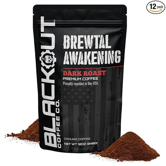 Blackout Coffee Brewtal Awakening Ground Coffee – Dark Roast, Bold Flavor – Freshly Roasted 12oz Bag