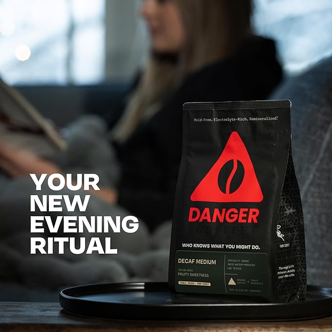 Danger Coffee by Dave Asprey, Remineralized, Mold Free & Lab Tested Swiss Water Decaf Ground Coffee, Medium Roast, Decaffeinated 10.9 Ounce