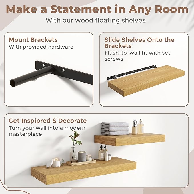 Marsmiles 12" Deep Floating Shelves for Wall with Invisible Brackets, Wall Mounted Engineered Wood Shelves with Wood Grain for Living Room, Bedroom, Kitchen Decor and Storage, 36" L Set of 1, Oak