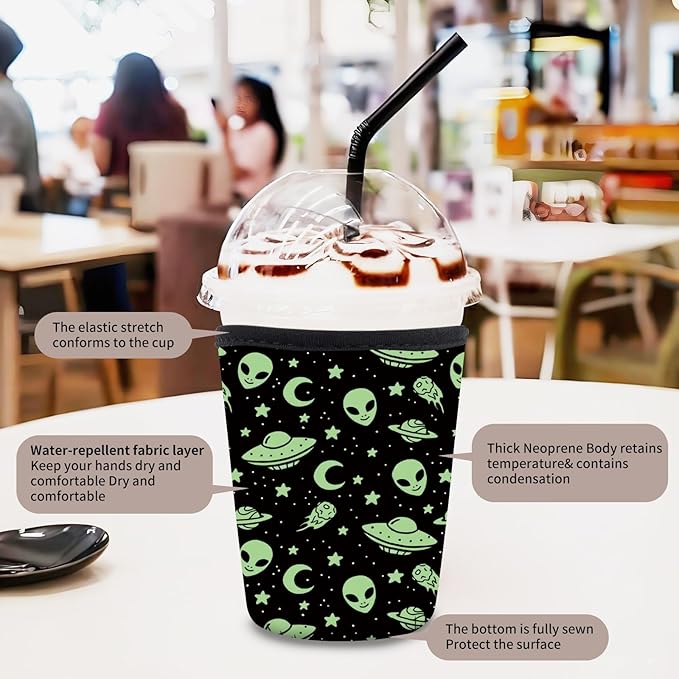 3 Pack Reusable Neoprene Insulator Sleeve for Iced Coffee Cups, Funny Coffee Cup Sleeves for 16-32oz Coffee cups, Cute Drink Sleeve for Cold Hot Beverages Cute Green Alien