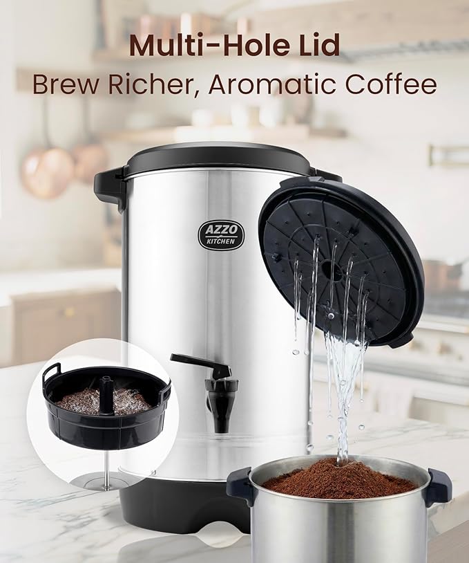 AZZO KITCHEN Commercial Coffee Maker 45-Cup Large Coffee Urn with Percolator Coffee Pot Electric 6.9L Stainless Steel Fast Brew Hot Water Dispenser for Tea Catering Events Home Office Easy Cleaning