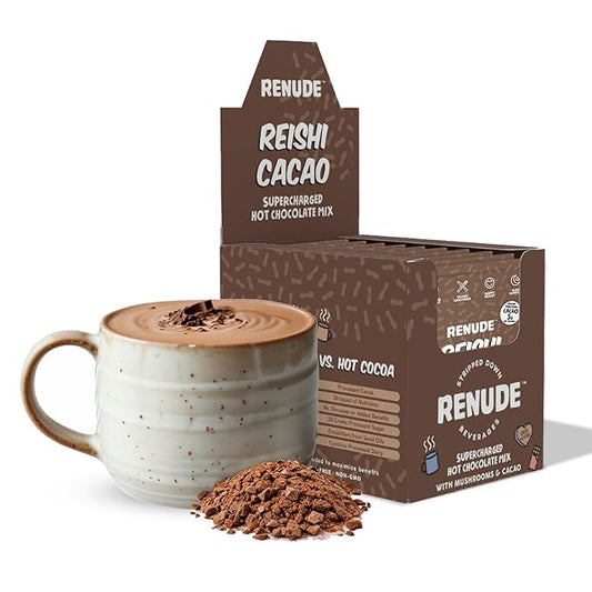 Renude Reishi Cacao Powder - Mushroom Hot Chocolate Drink, Mushroom Coffee Alternative, Hot Cacao Mix with Reishi, Sleep Support, Organic Ingredients - 10 Servings