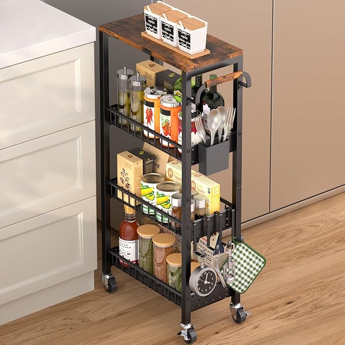 Slim Rolling Storage Cart, 4 Tier Small Organizer Cart with Wheels, Metal Utility Shelf Kitchen Bathroom Laundry Room Organization Trolley with Handle for Narrow Space (Carbon Black, 9.1" W)