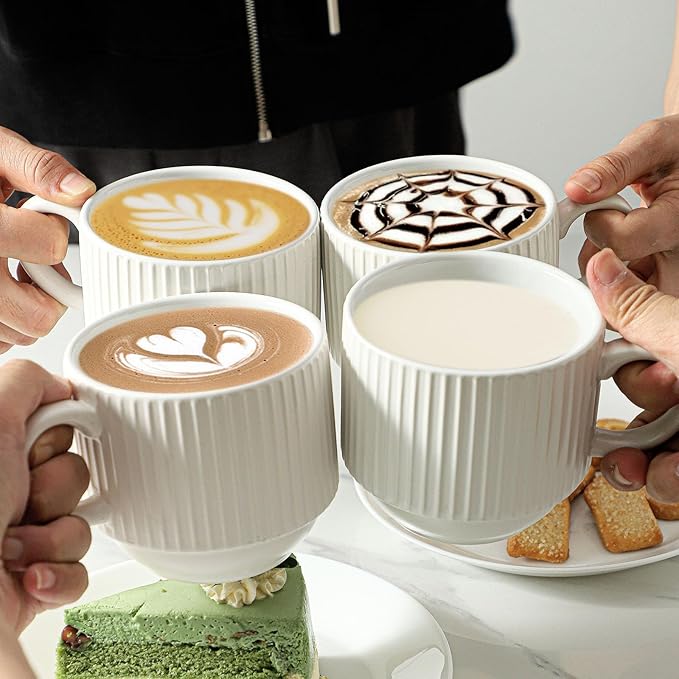 HASENSE Coffee Cups Set of 4 with Stand, 15 OZ Stackable Coffee Mugs with Handle for Tea, Cocoa, Cappuccino, Latte and Americano, Porcelain Vertical Stripe Coffee Cups for Men and Women, Pure White