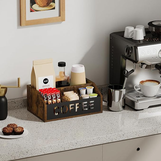 YINMIT Coffee Station Organizer for Countertop, Wood Coffee Bar Organizer with Removable Dividers for Pods, Syrup, Cups, Stirrer, Tea - Office Bar Accessories (Iron Sheet-Vintage Brown, 1 Tier)