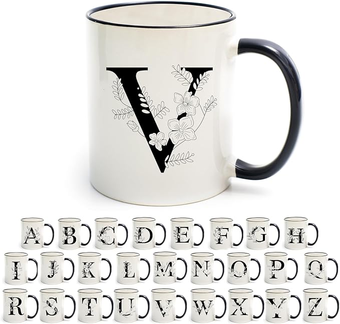 Monogram Ceramic Coffee Mugs, 11 oz Initial Drinking Cup with Gift Box, Unique Birthday Valentines Day Gifts for Women Wife Mothers Day Grandma Mom Aunt, V