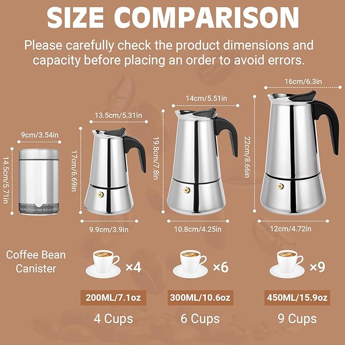 Suiitat Moka Pot, 9 Cups (15.9 oz) Stovetop Espresso Maker, 304 Stainless Steel Moka Pot, Induction Compatible, Silver