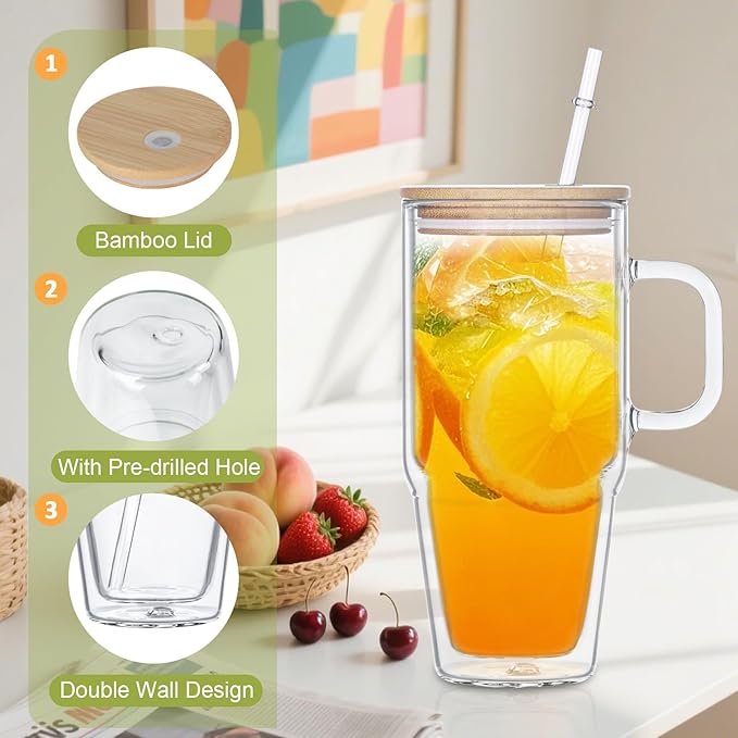 32 Oz Glass Snow Globe Tumbler Cup With Handle, Pre-Drilled Double Wall Glass Coffee Mug For Snow Globe Diy Glitter