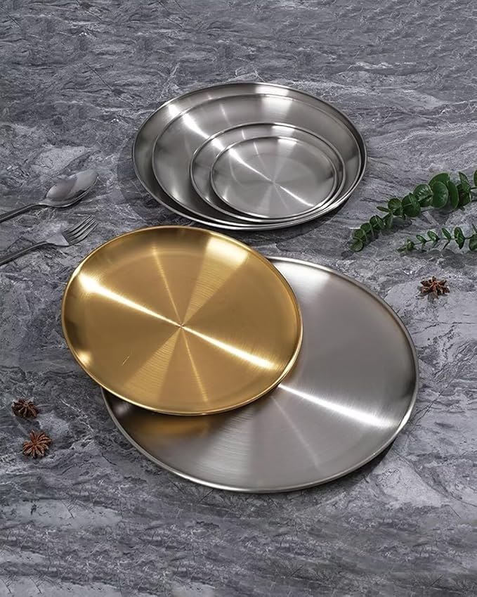 Serving Trays 14.2in Stainless Steel Decorative Tray Round Silver Tray for Kitchen Wedding Party Coffee Table Silver