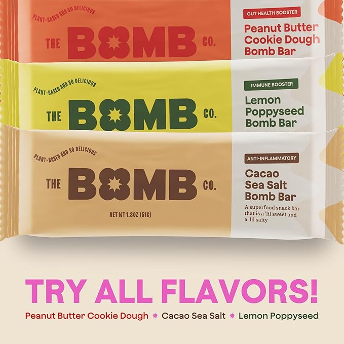 The Bomb Co. Bomb Bars Variety Pack, Healthy Snacks, Plant Based Bars With Superfood & Super Seeds, On the Go Snack & Breakfast Bar, Energy Support, Gluten Free, Non GMO, Dairy Free