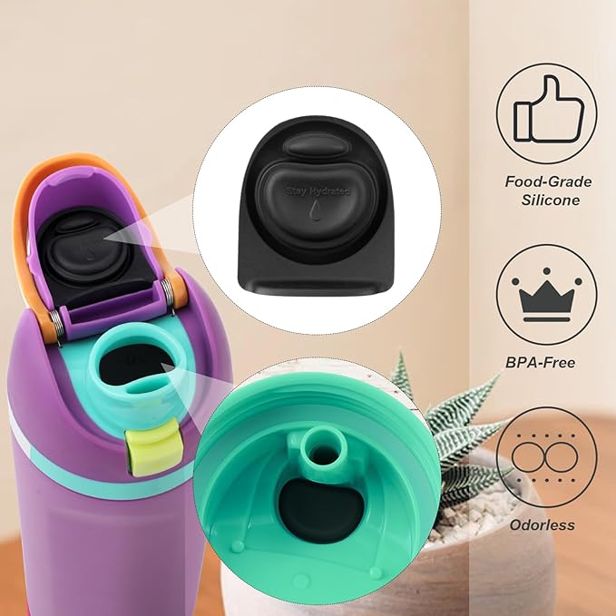 2pcs Rubber Bottle O Seal Ring & 2pcs Replacement Stopper for Owala FreeSip 24oz 32oz, BPA-Free Silicone Water Bottle Top Lid Mouth Parts for Owala 16/19/24/32/40oz Cap Gasket Plug Accessories(Black)