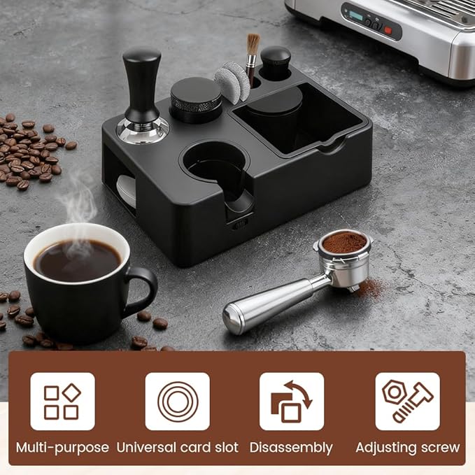 Espresso Tamping Station 10-in-1 - Knock Box Organizer for 51-58mm Portafilter (Black)