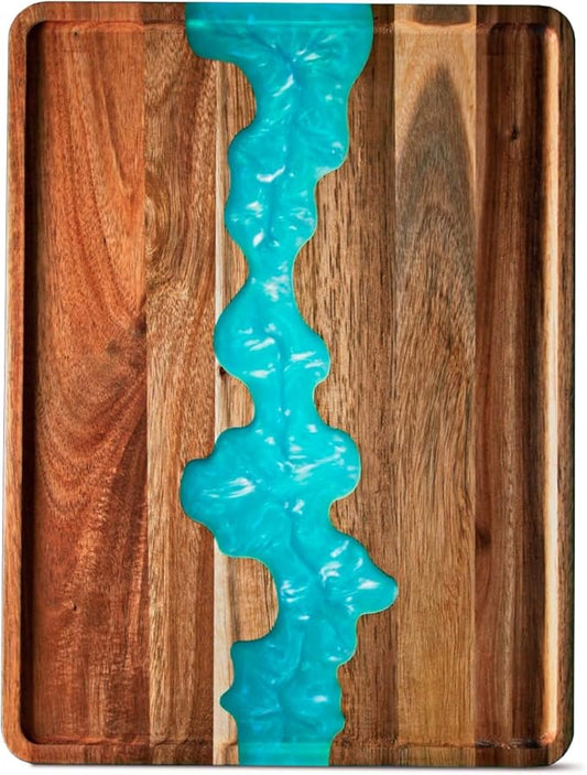 Comfify Visually Stunning Celeste Blue Resin + Acacia Wood Serving Tray - Modern 12x16 Serving Tray for Food, Breakfast in Bed, Coffee Table, Decor
