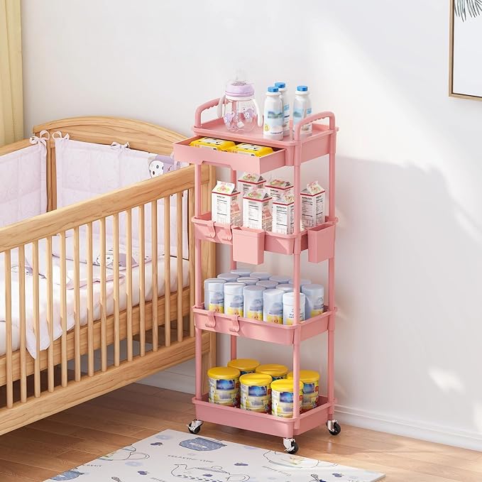 4 Tier Rolling Utility Cart with Drawer, Plastic Storage Organizer Rolling Carts with Wheels Handles Hanging Cups Hooks for Office, Bathroom, Kitchen,Craft Art Room (Pink)