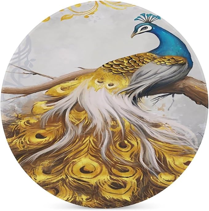 Peacock Drink Coasters, Round Ceramic Drink Coaster Round-6PCS, Tree Branch Vintage Beautiful Gold Peacock Decor Absorbent Ceramic Coasters for Beverage Cup, Bar, Coffee Table